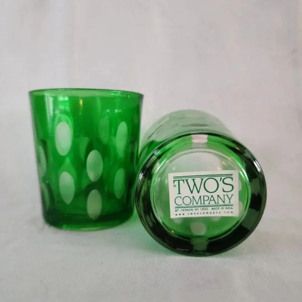 Pair of 2 Vintage Thumb Print/Coin Dot tumblers/Low Ball Glasses Green w/ white - Picture 5 of 7